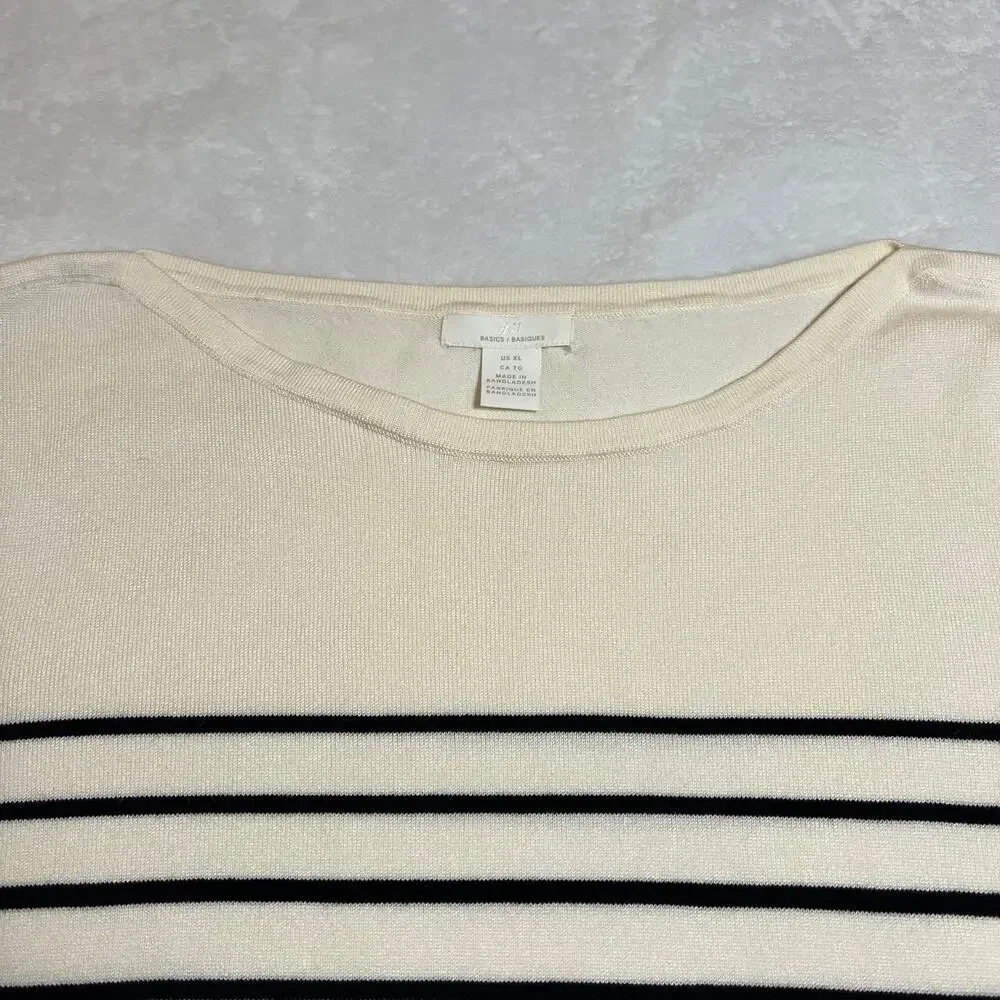 H&M Boat Neck Stripe Knit Top Size XL Stretch Coastal Nautical Preppy Casual - Picture 3 of 7